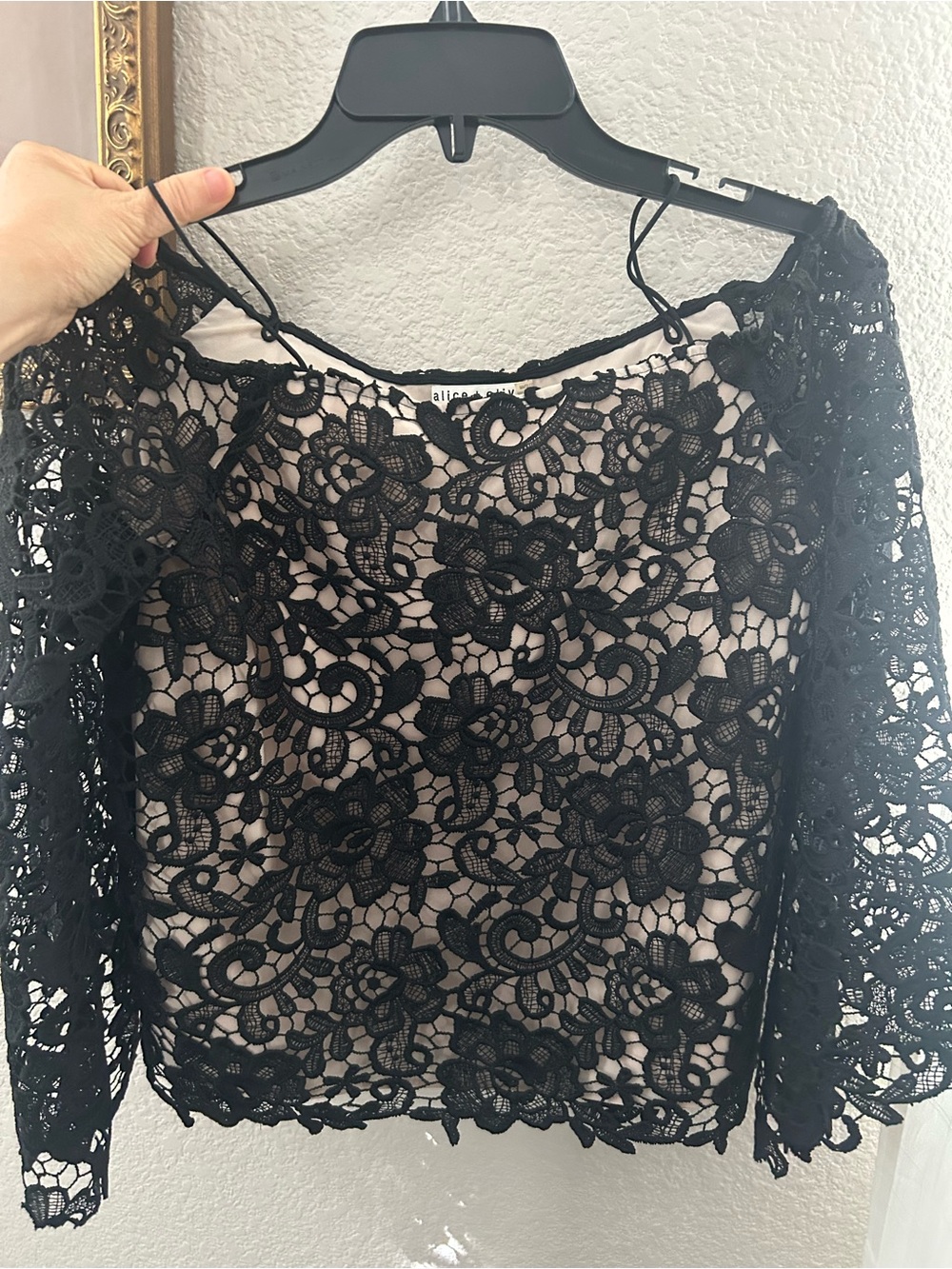 Alice + Olivia Black Floral Lace Overlay Top with Nude Lining